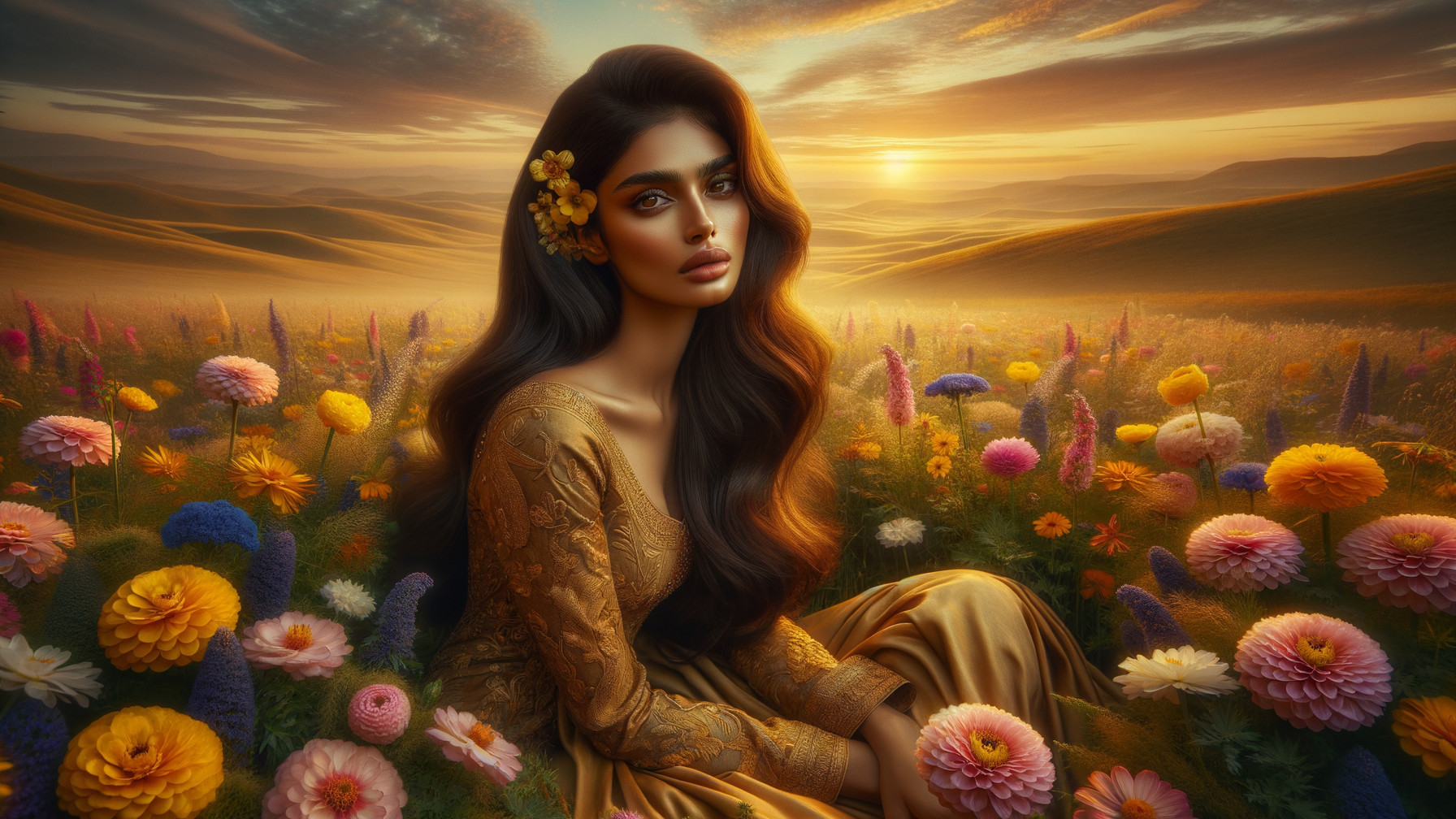 Woman in Golden Dress in Vibrant Meadow at Sunset