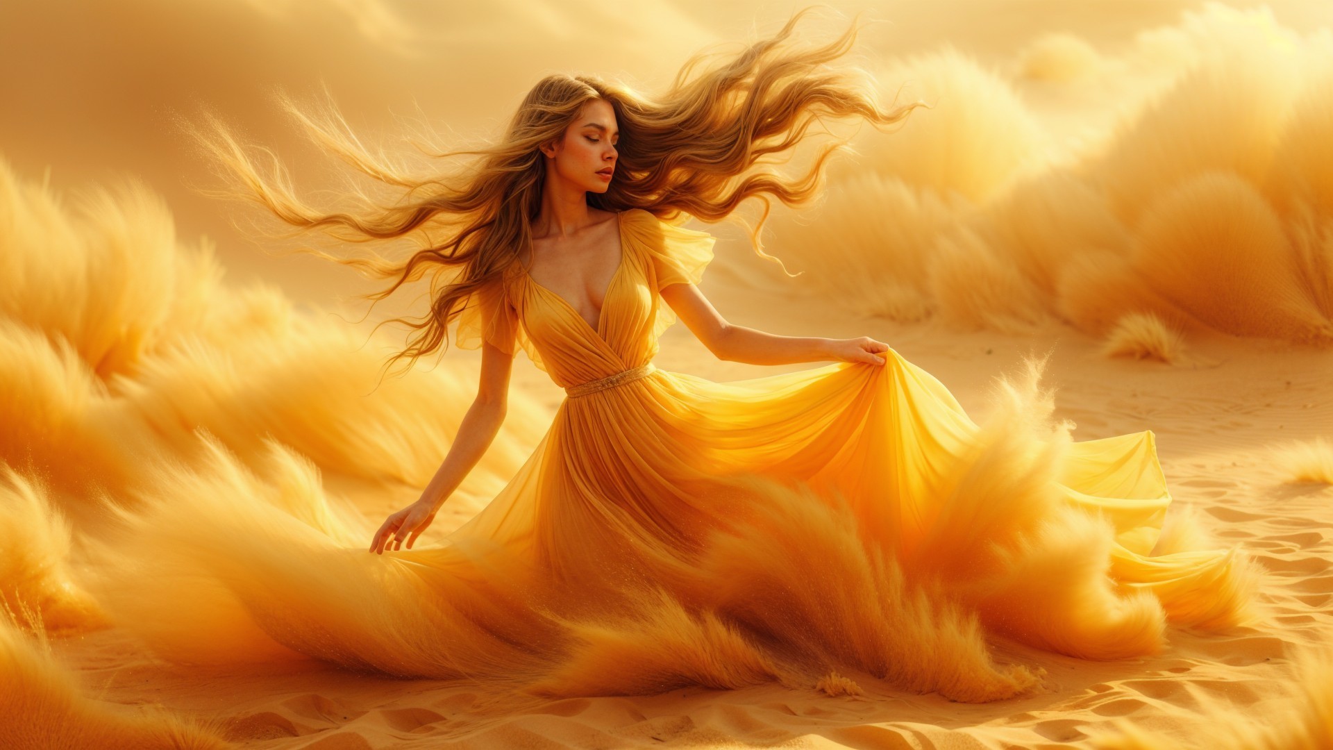 Young woman in yellow gown on sandy landscape