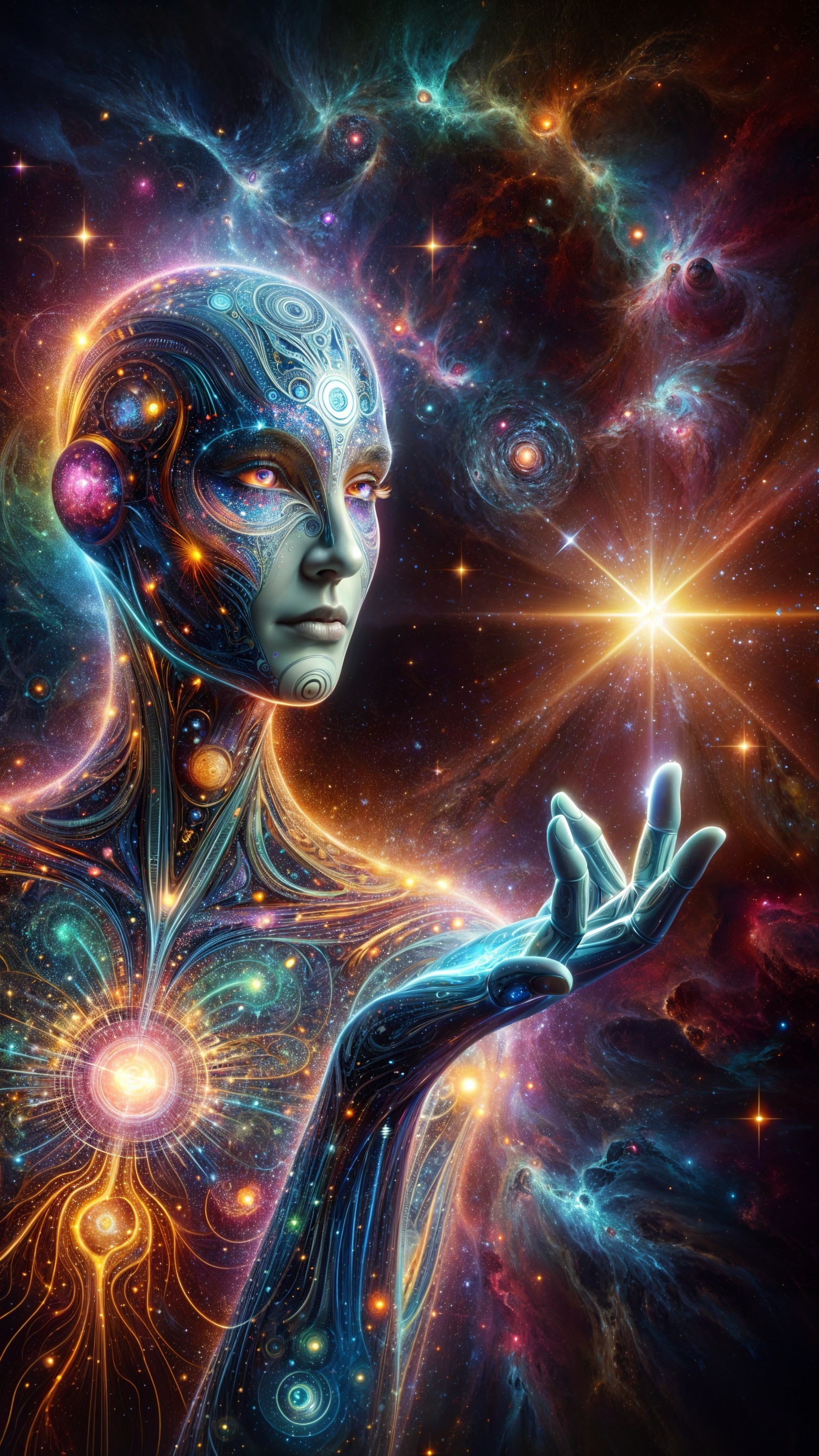 Cosmic Figure with Vibrant Colors and Galaxies