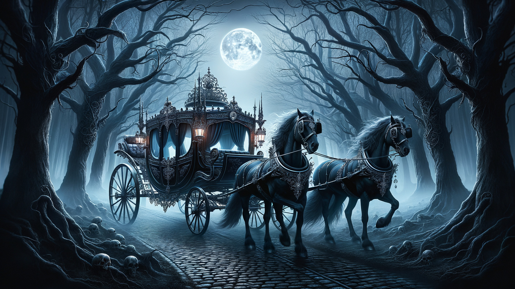 Ghostly Carriage in a Moonlit Forest Scene