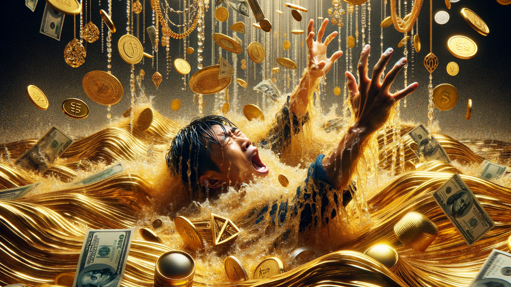 Person Struggling in Chaotic Scene of Wealth Overflow