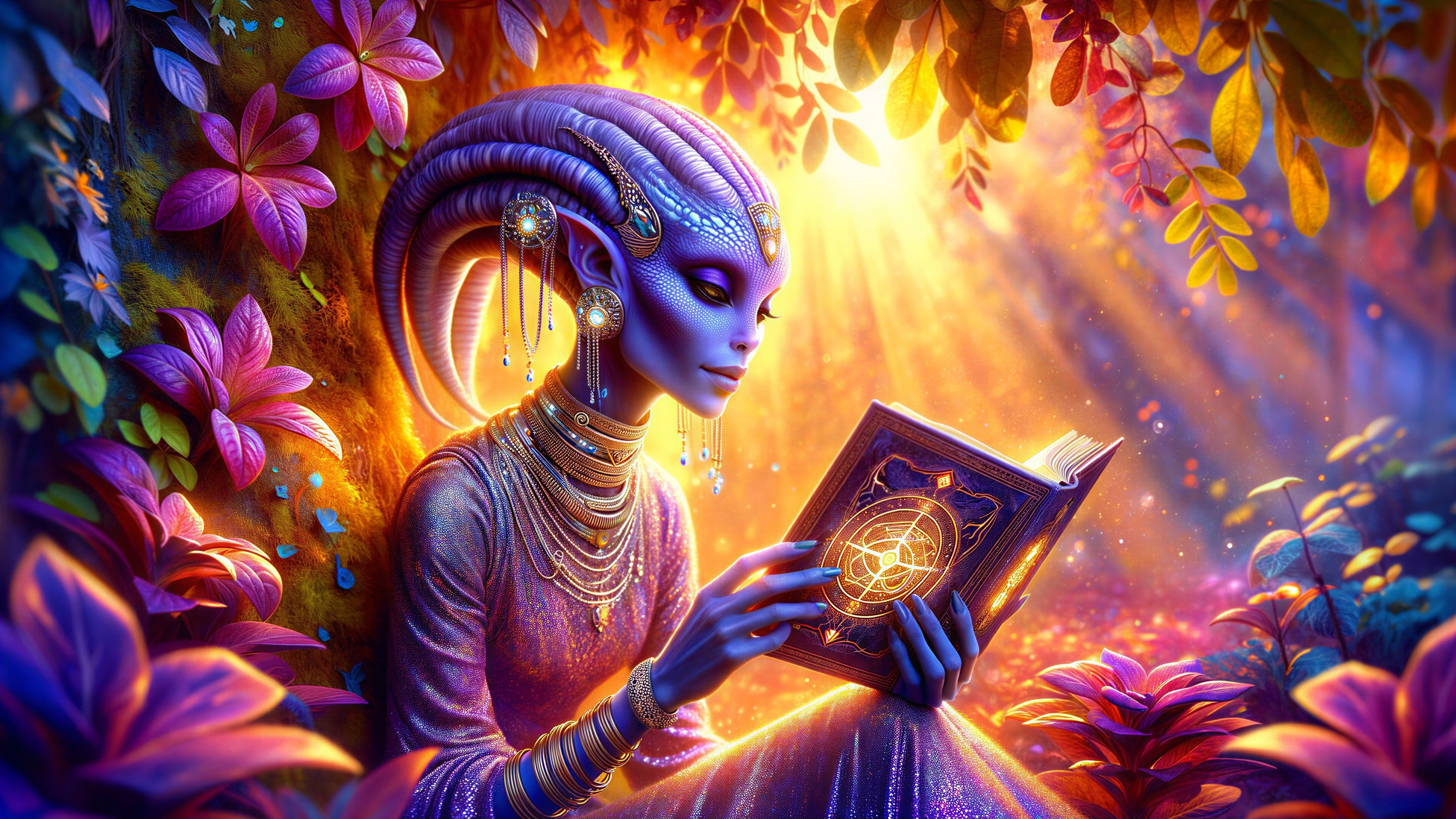 Blue-skinned alien reading in an enchanted forest
