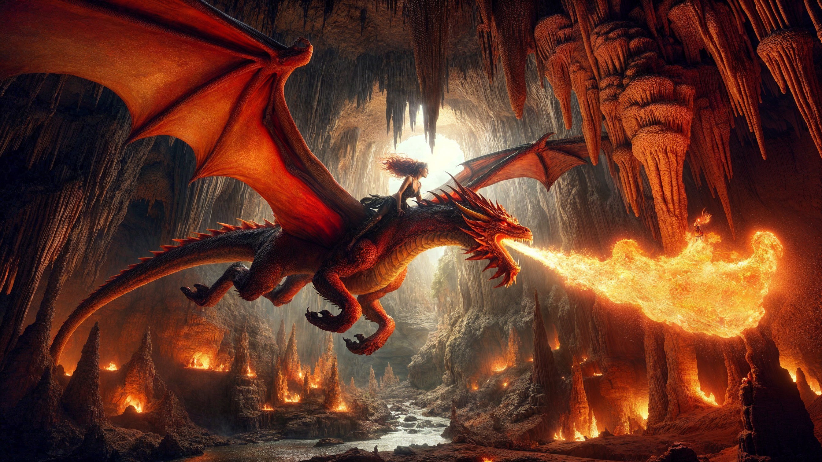Red dragon with rider in a dimly lit cavern