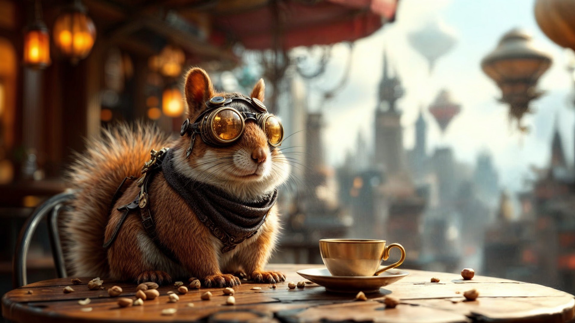Steampunk Squirrel in Whimsical Café Setting