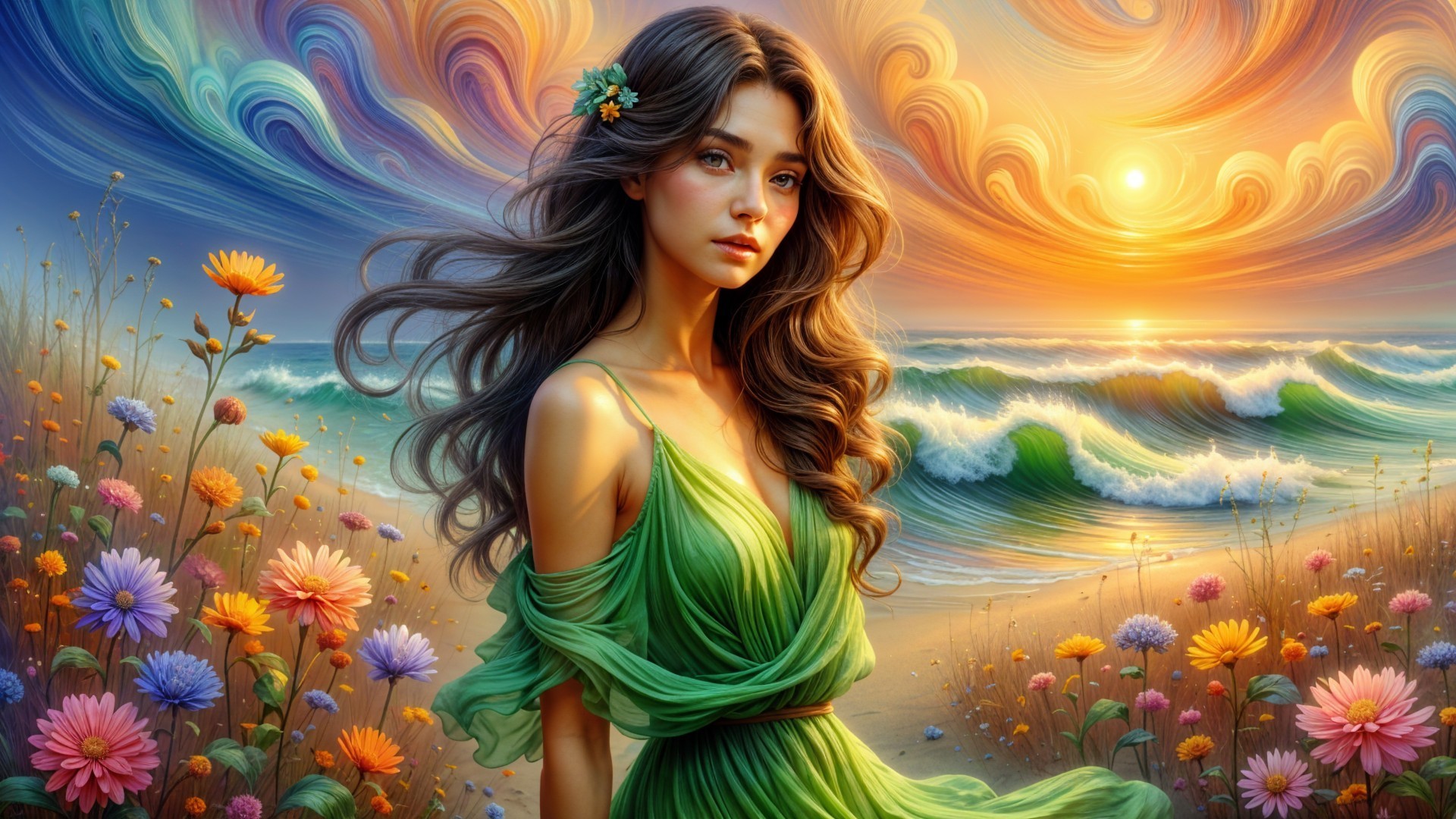Young Woman in Green Dress at Vibrant Beach Sunset