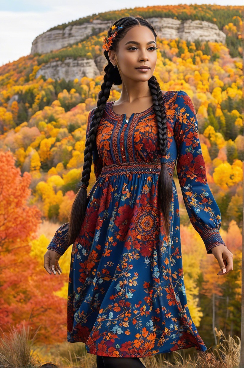 Woman in Floral Dress Amidst Autumn Landscape