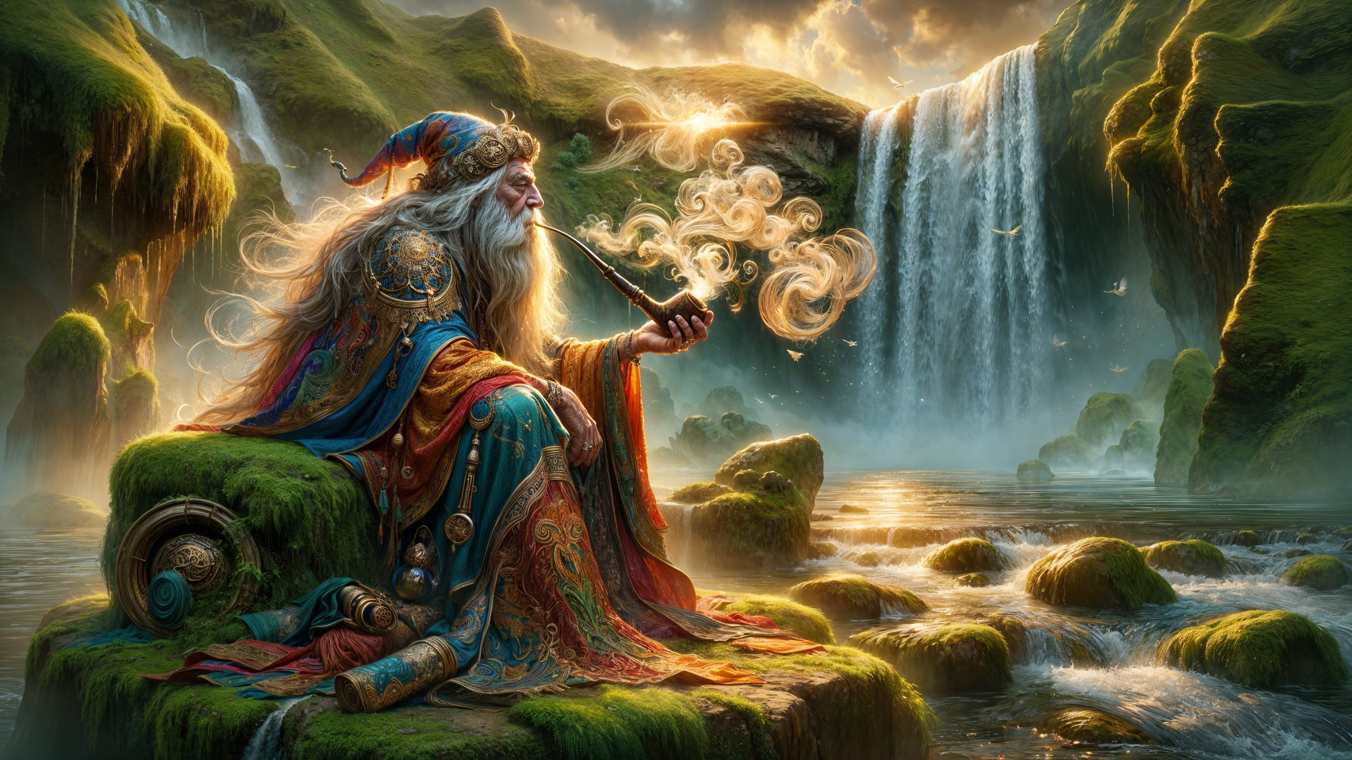 Ancient Wizard Playing Pipe by Serene Waterfall
