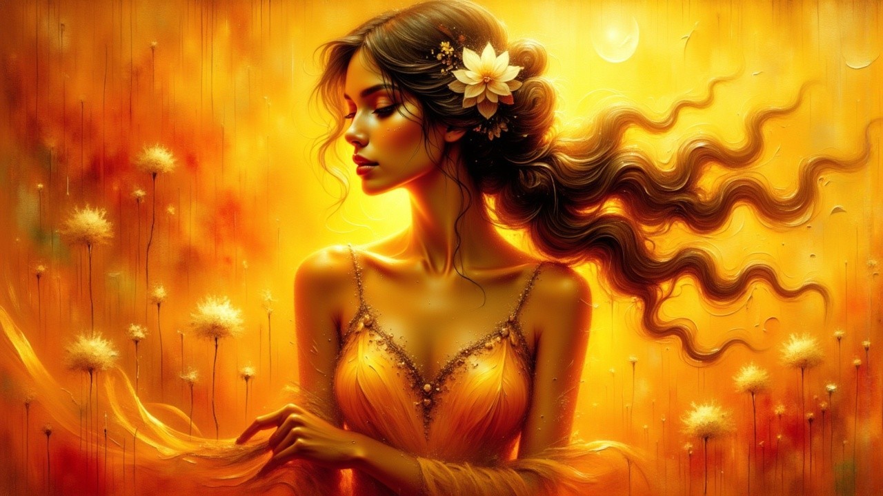 Serene Woman in Golden Gown Surrounded by Flowers