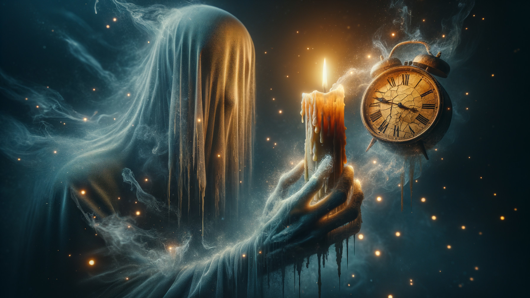 Spectral Figure with Candle and Ornate Clock in Mist