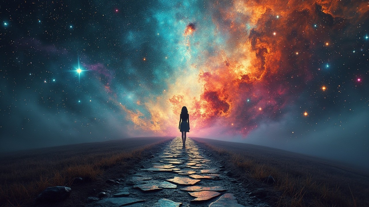 Solitary Figure on Stone Path Under Cosmic Scene