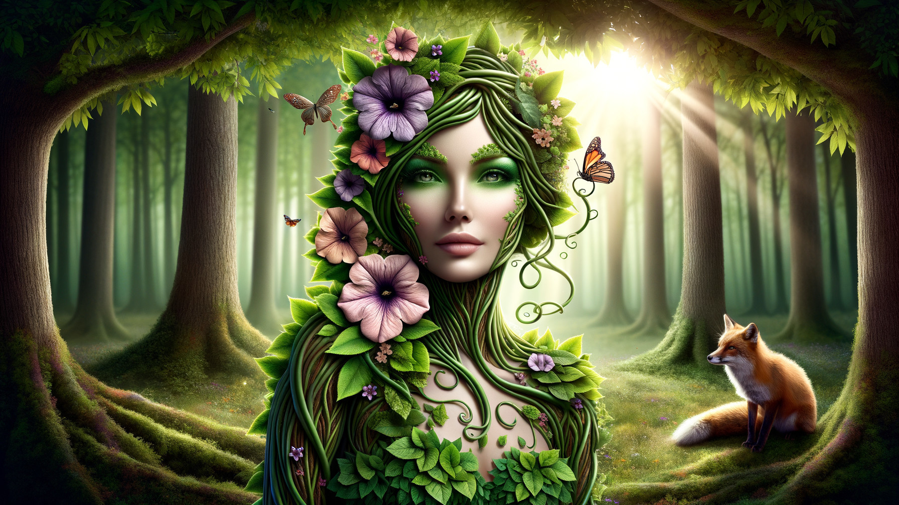 Mystical Woman in a Lush Forest with Nature Elements