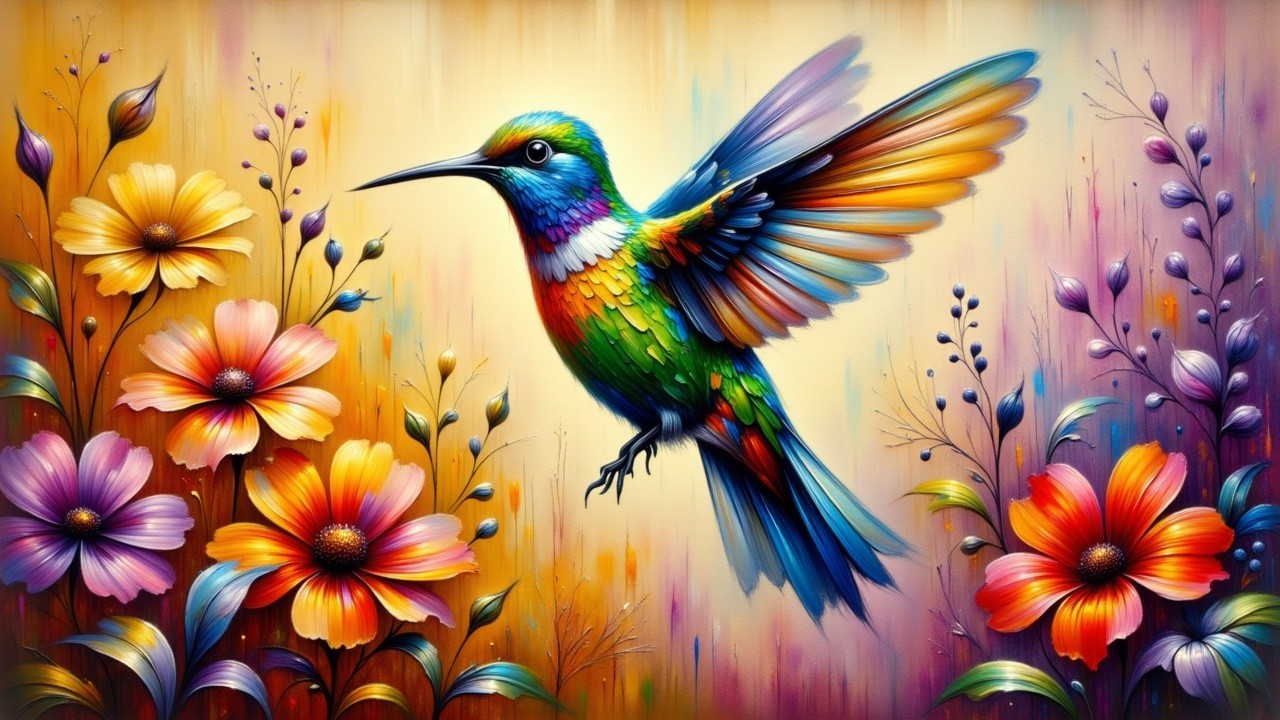 Vibrant Hummingbird Among Colorful Blooming Flowers