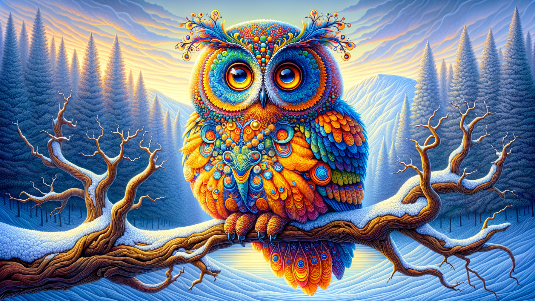 Vibrant Owl on Branch in Snowy Landscape at Sunrise