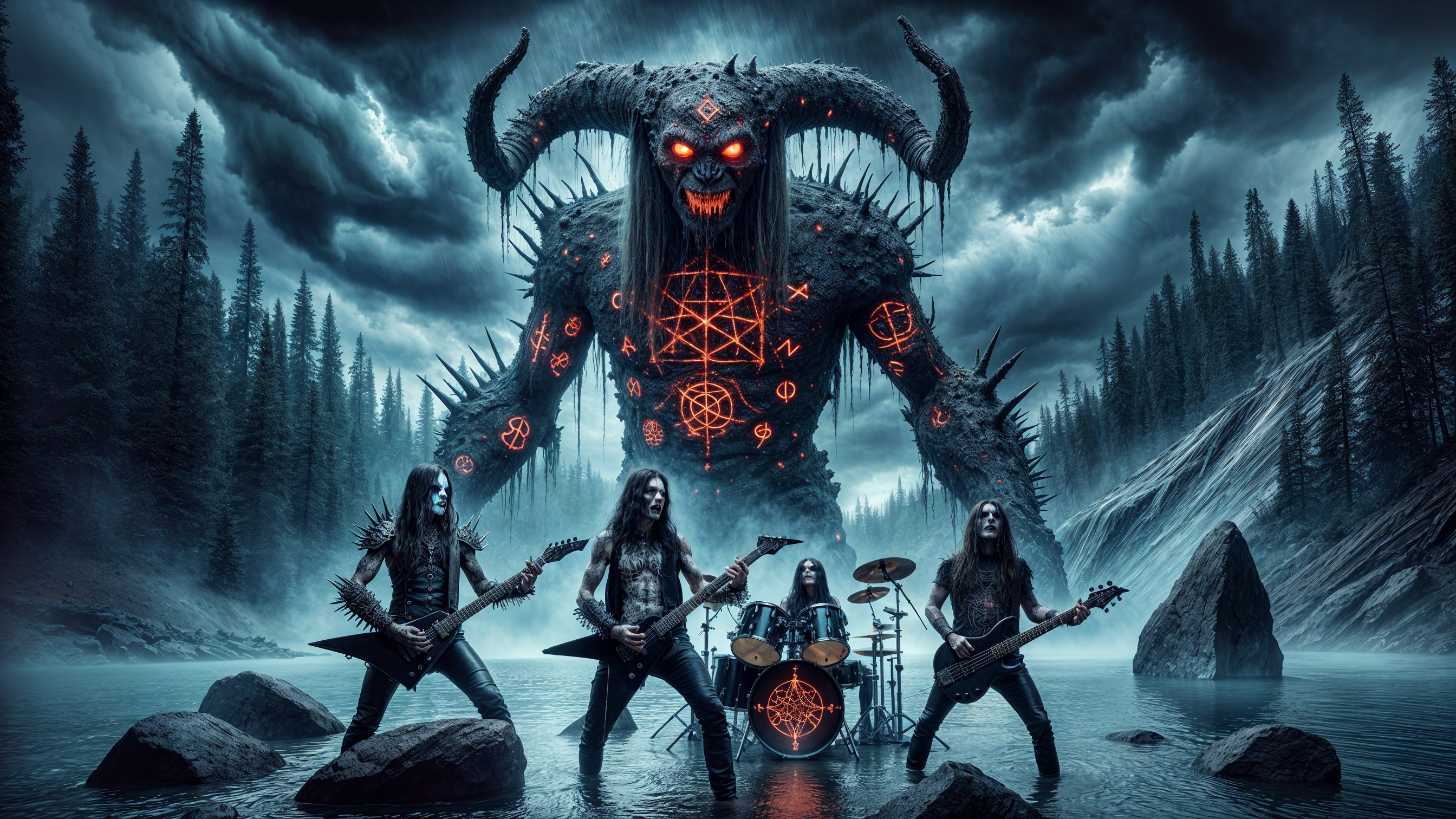 Heavy Metal Band Performance in Misty Landscape