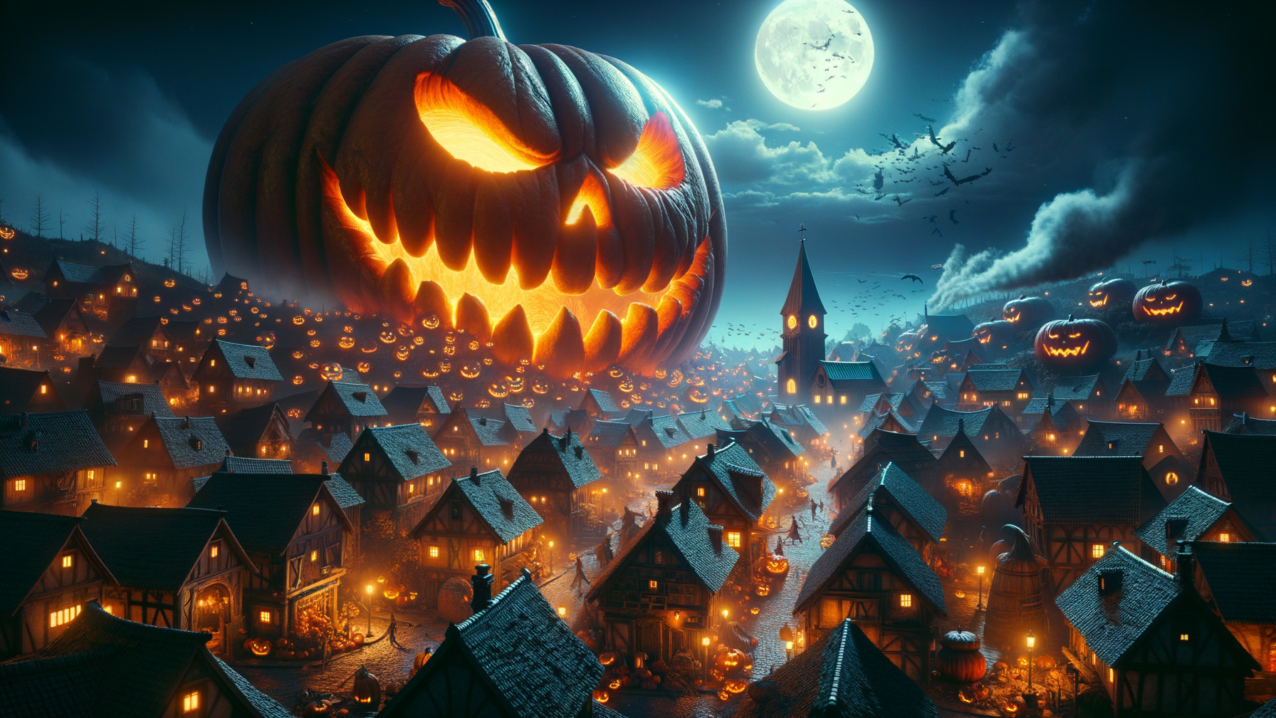 Whimsical Halloween Village with Glowing Pumpkins