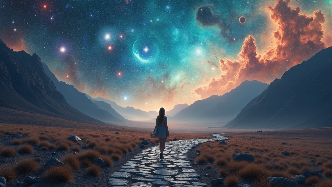 Solitary Figure on Winding Path in Cosmic Landscape