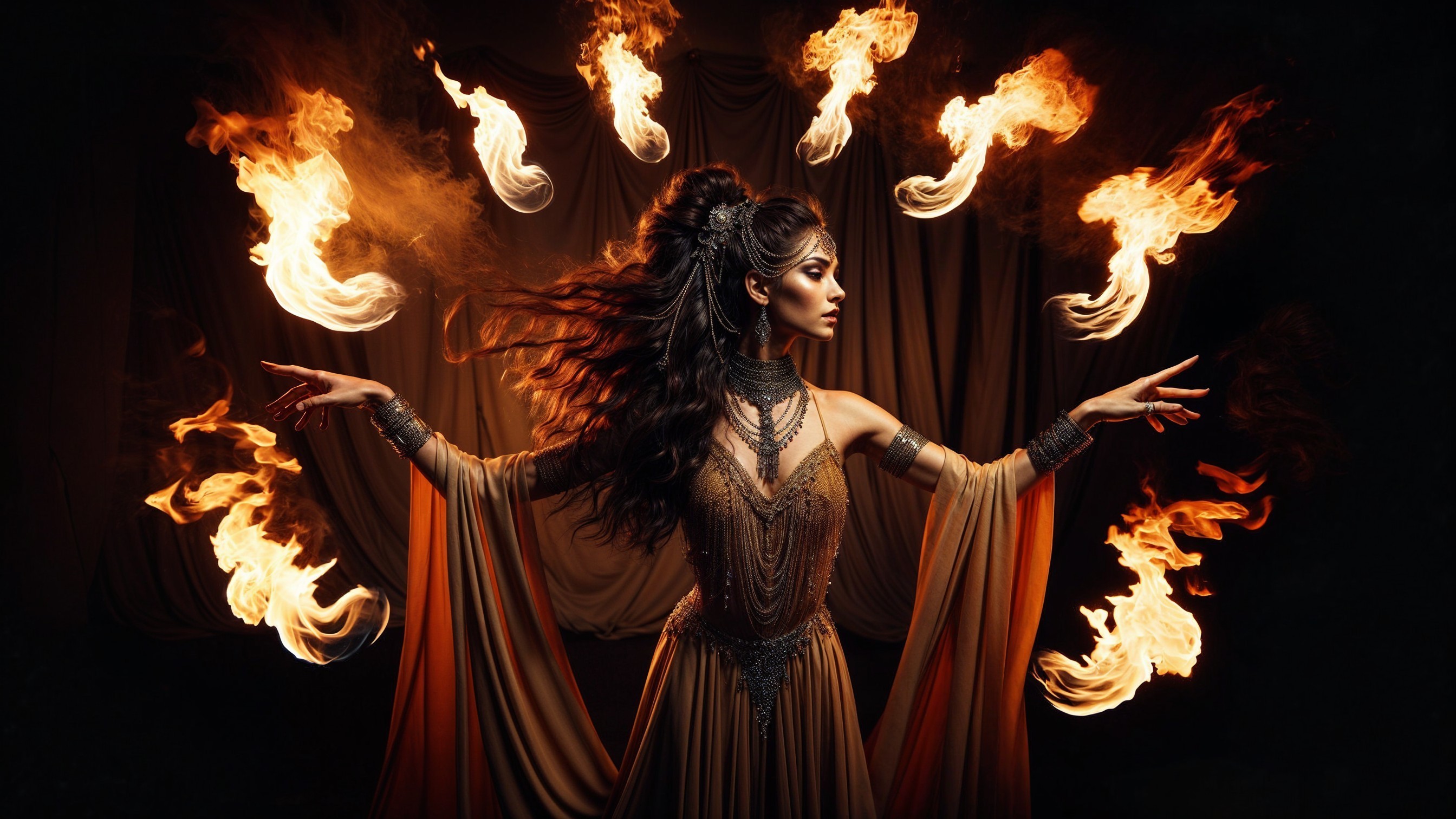 Fire Dancer in Ornate Gown Surrounded by Flames