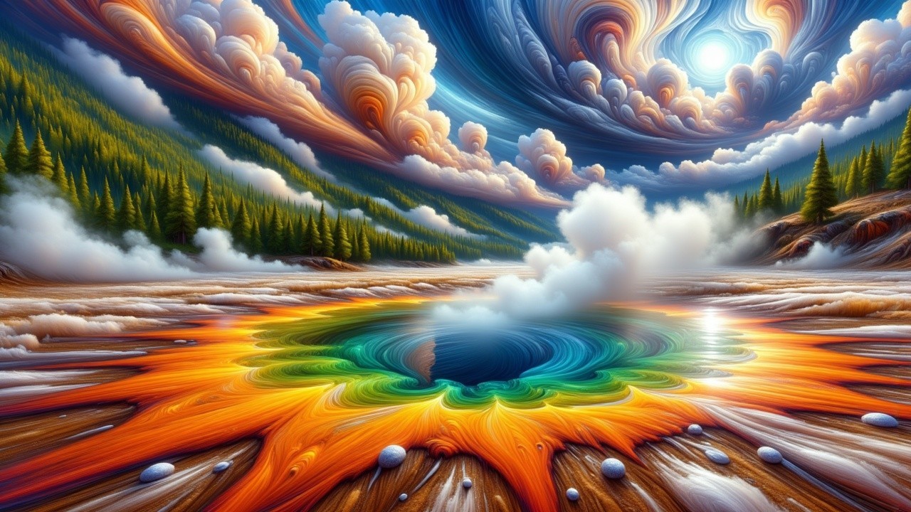 Surreal Landscape with Colorful Hot Spring and Trees