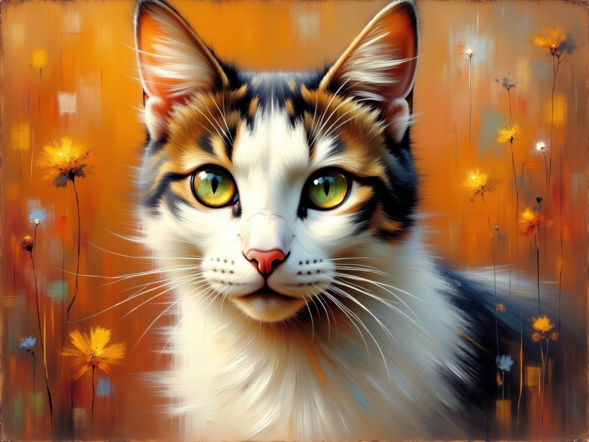 Illustration of a Cat with Green Eyes and Wildflowers