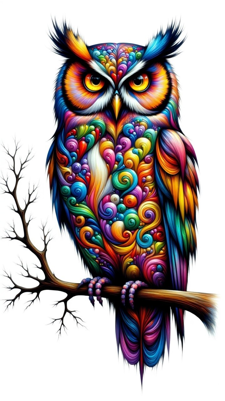 Intricately Designed Colorful Owl on a Branch