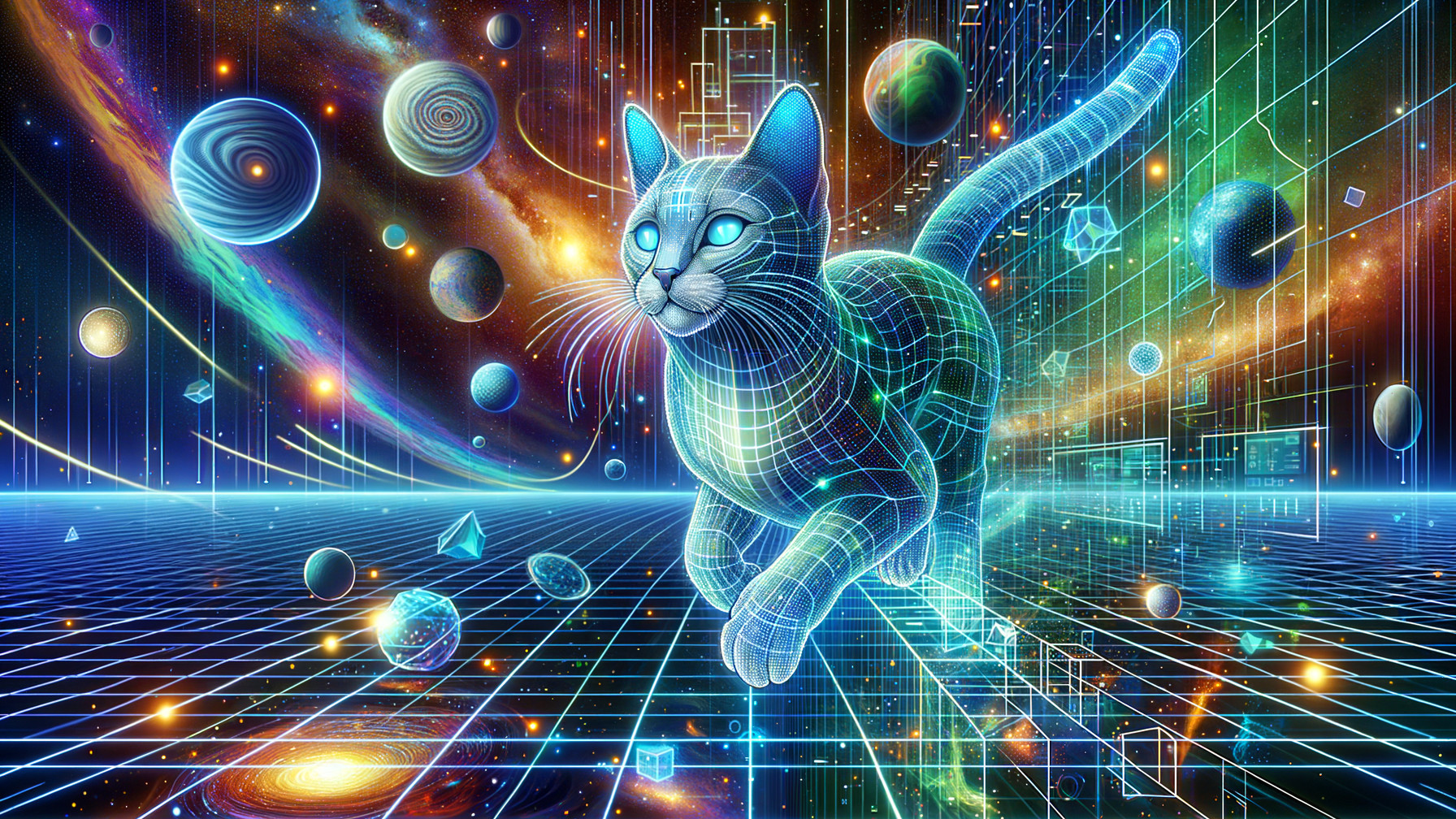 Futuristic Digital Cat in Cosmic Landscape Scene