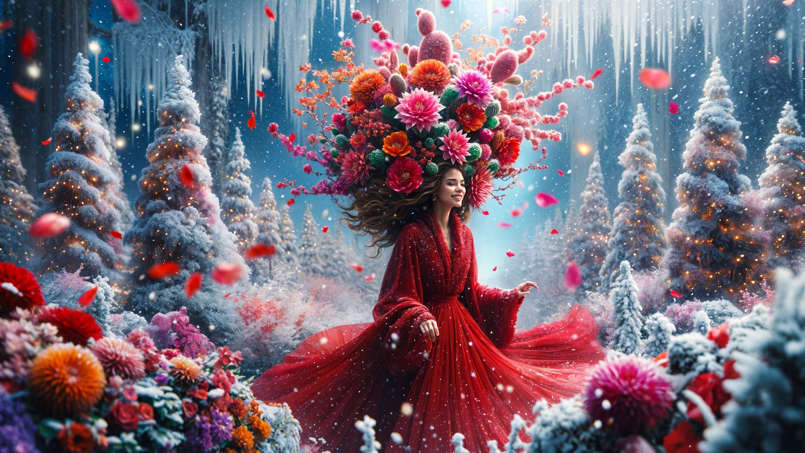 Whimsical Winter Wonderland with Colorful Floral Elements