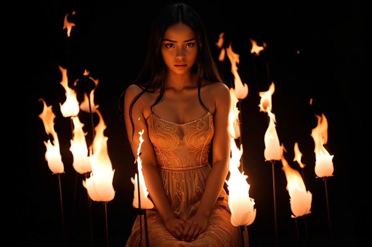 Portrait of a Woman in Golden Dress by Firelight