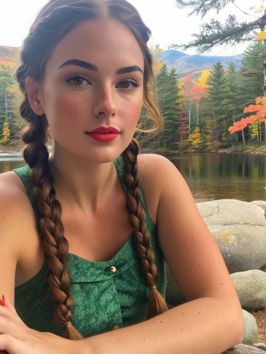 Young woman by serene lake in autumn foliage