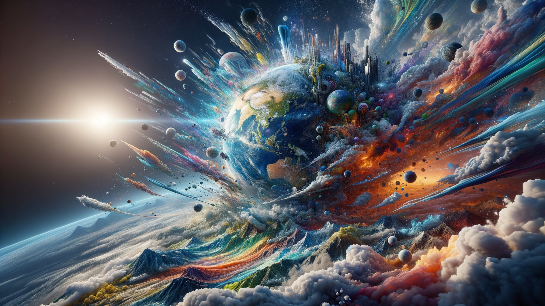 Cosmic Scene with Earth Surrounded by Colorful Galaxies