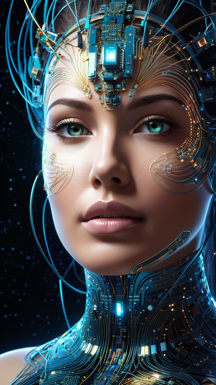 Futuristic Cybernetic Female Figure in Sci-Fi Setting