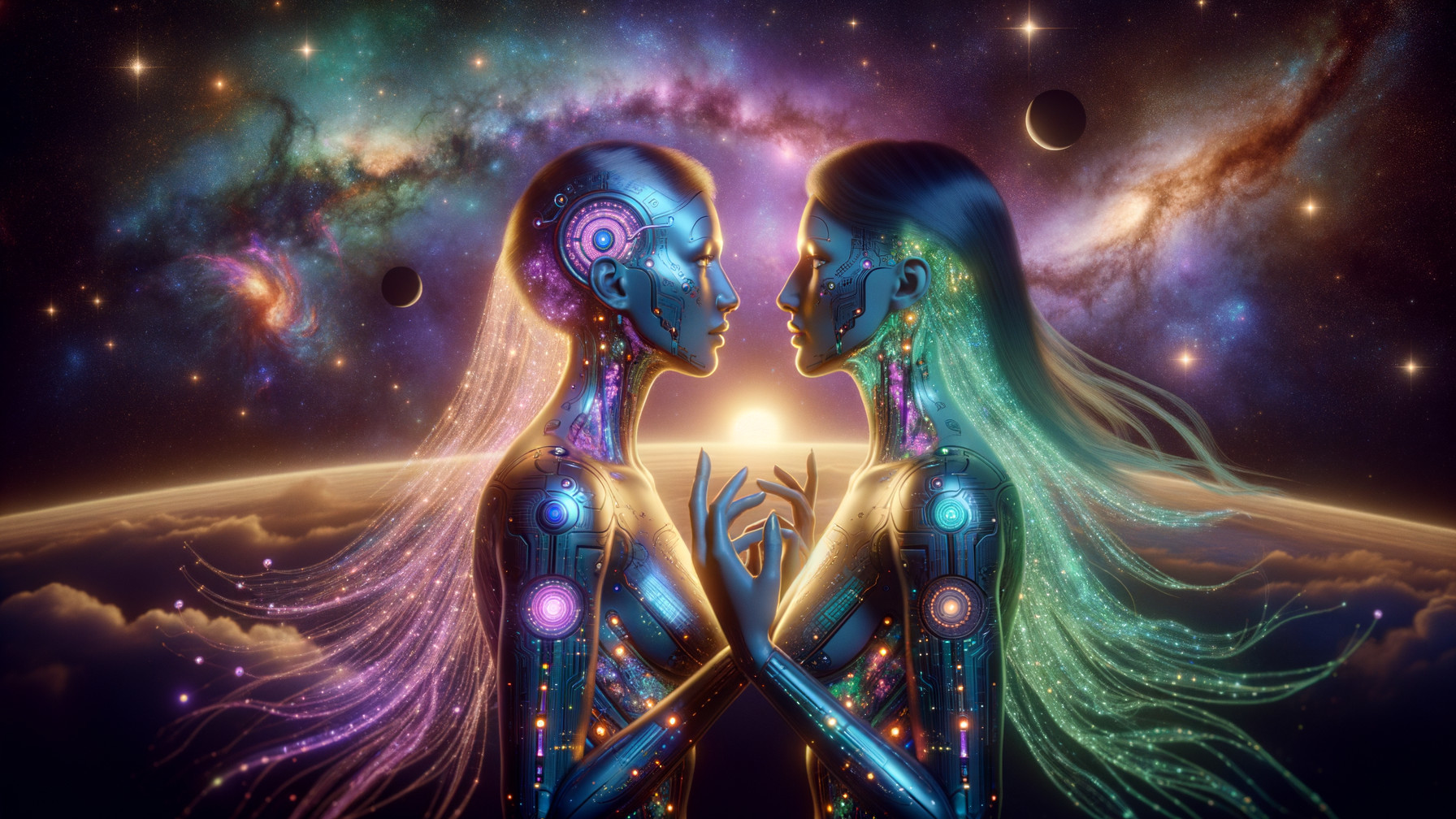 Humanoid Figures in Cosmic Scene with Circuitry Design