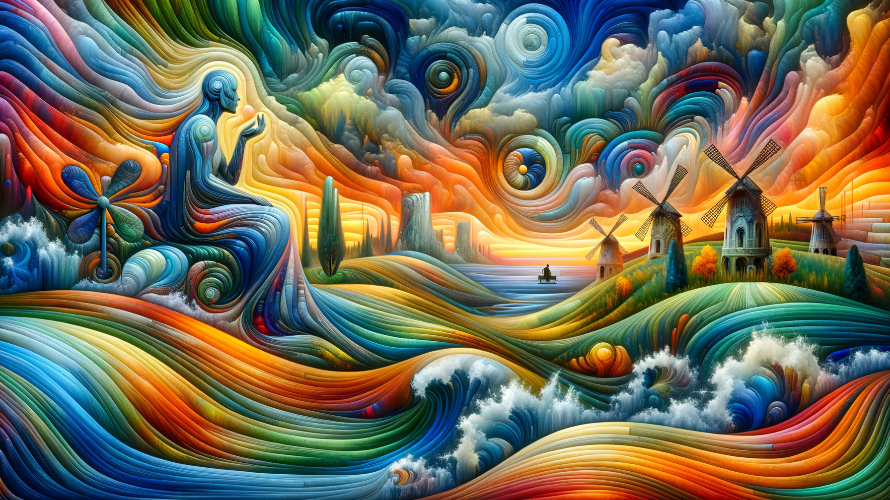 Vibrant Landscape with Serene Figure and Windmills