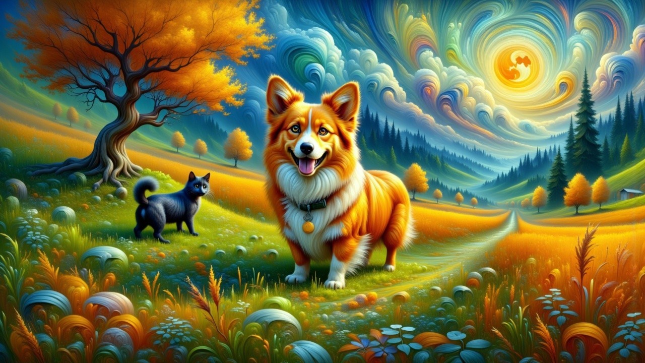 Corgi and Cat in a Colorful Whimsical Landscape