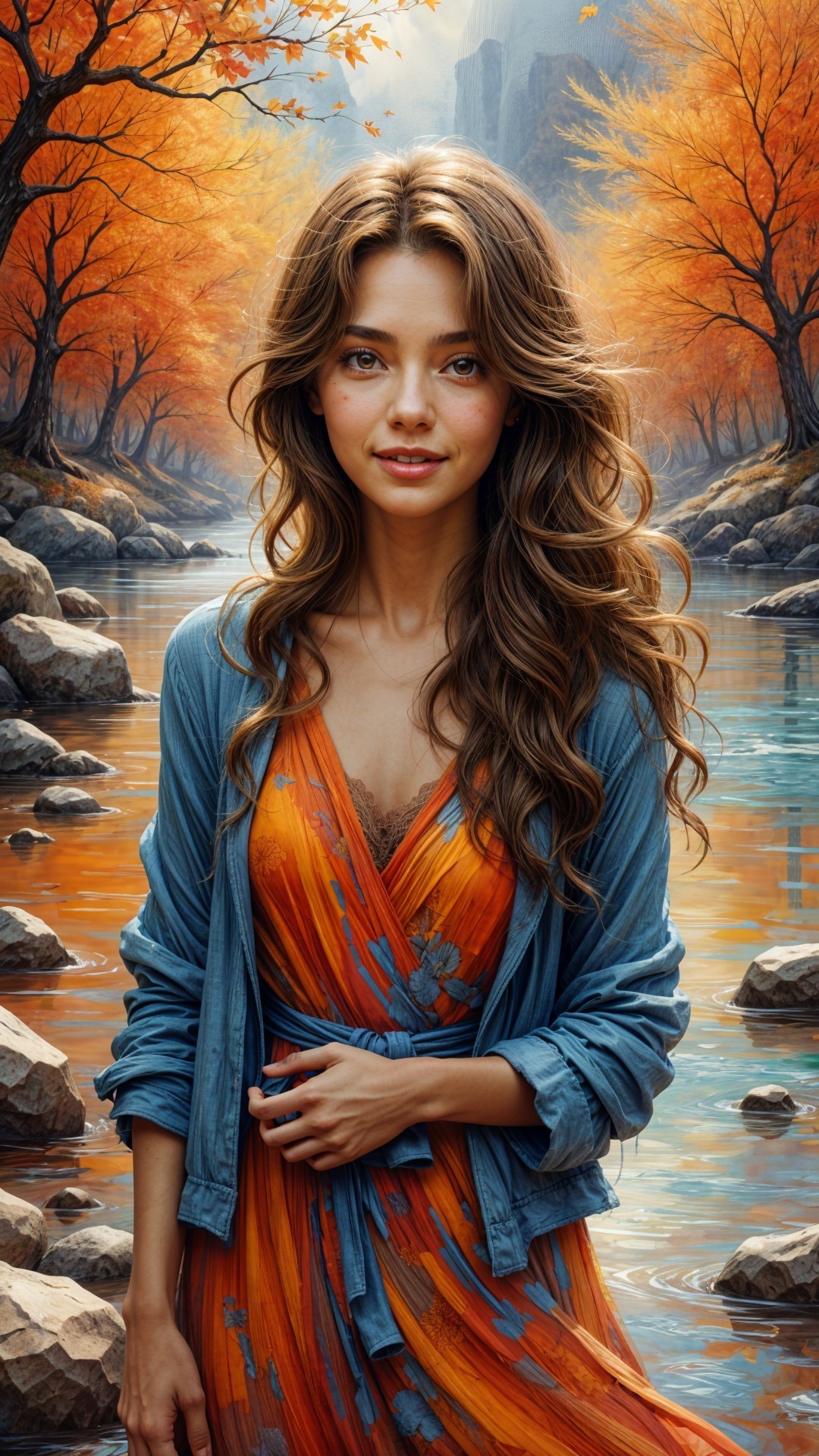 Young woman by river with autumn foliage and dress