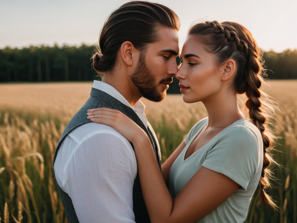 Couple in Golden Field at Sunset with Romantic Atmosphere