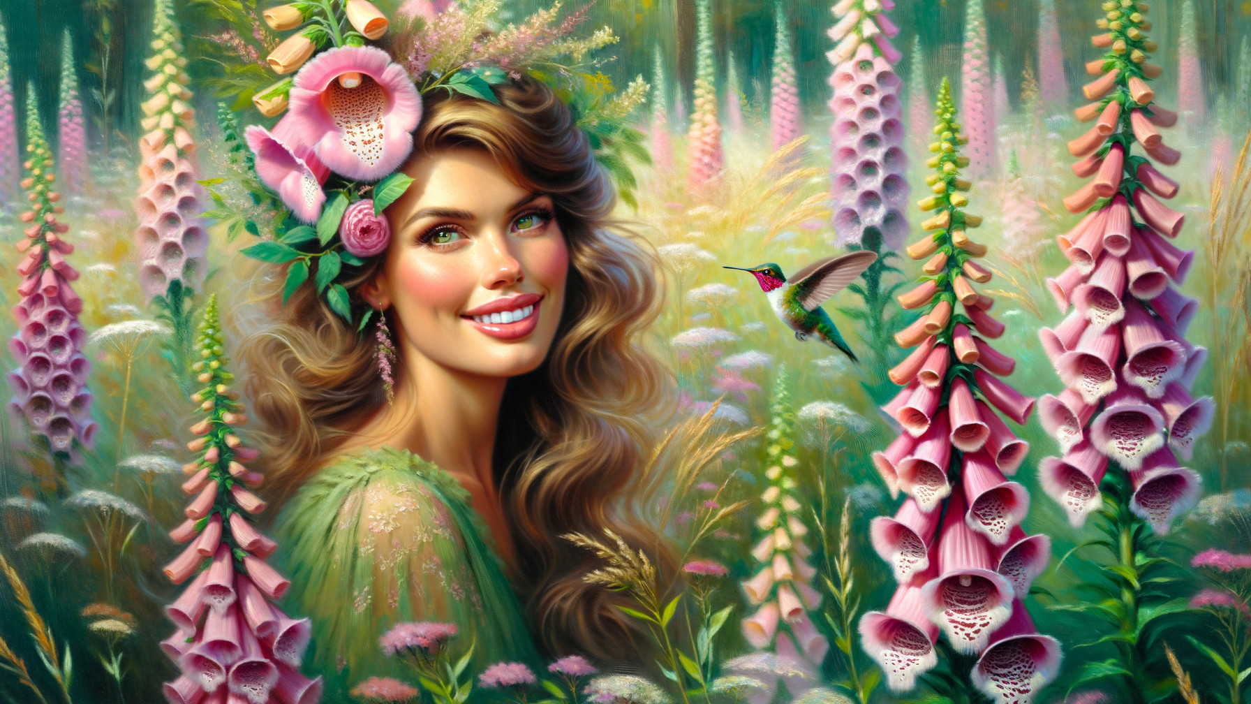 Radiant woman in floral field with hummingbird nearby