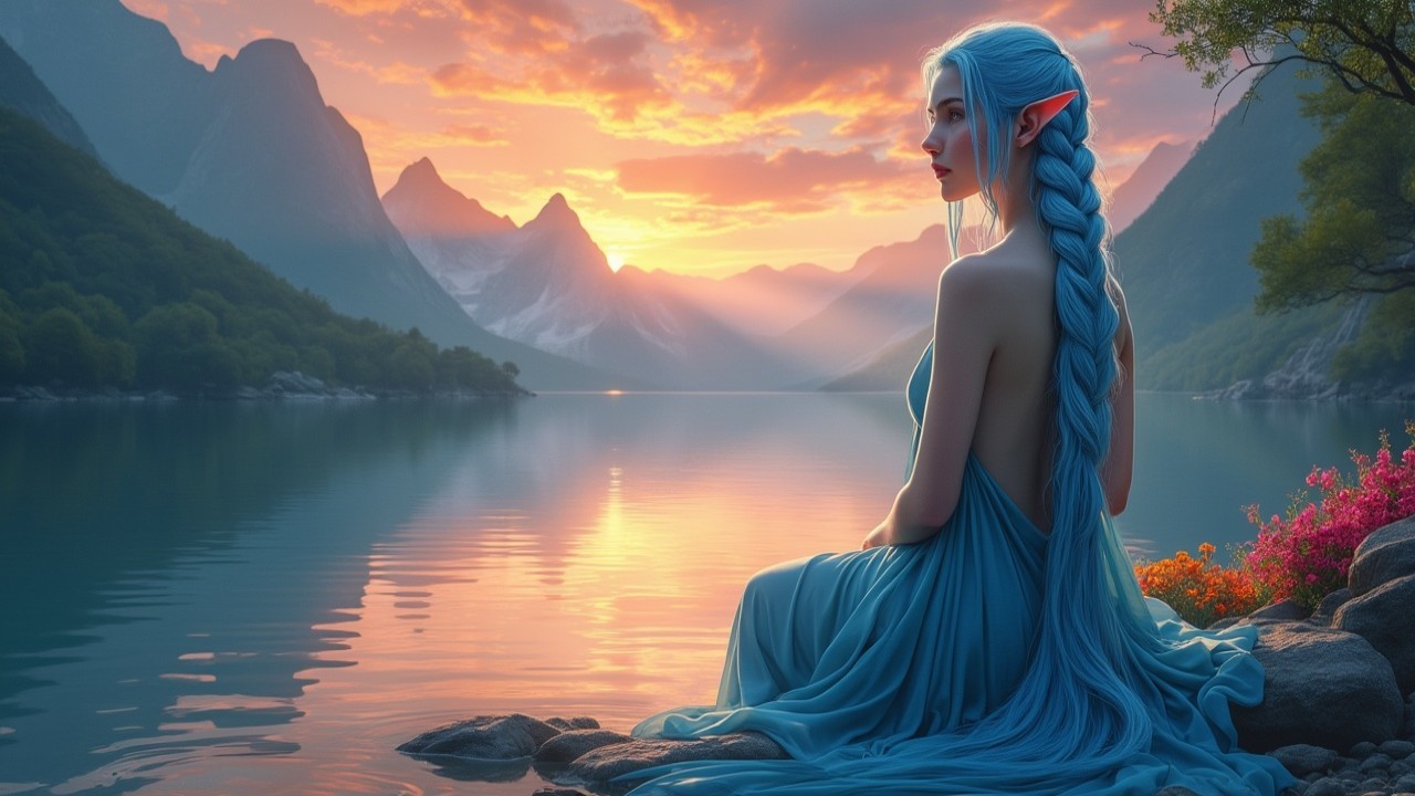 Young Woman by Tranquil Lake at Sunset