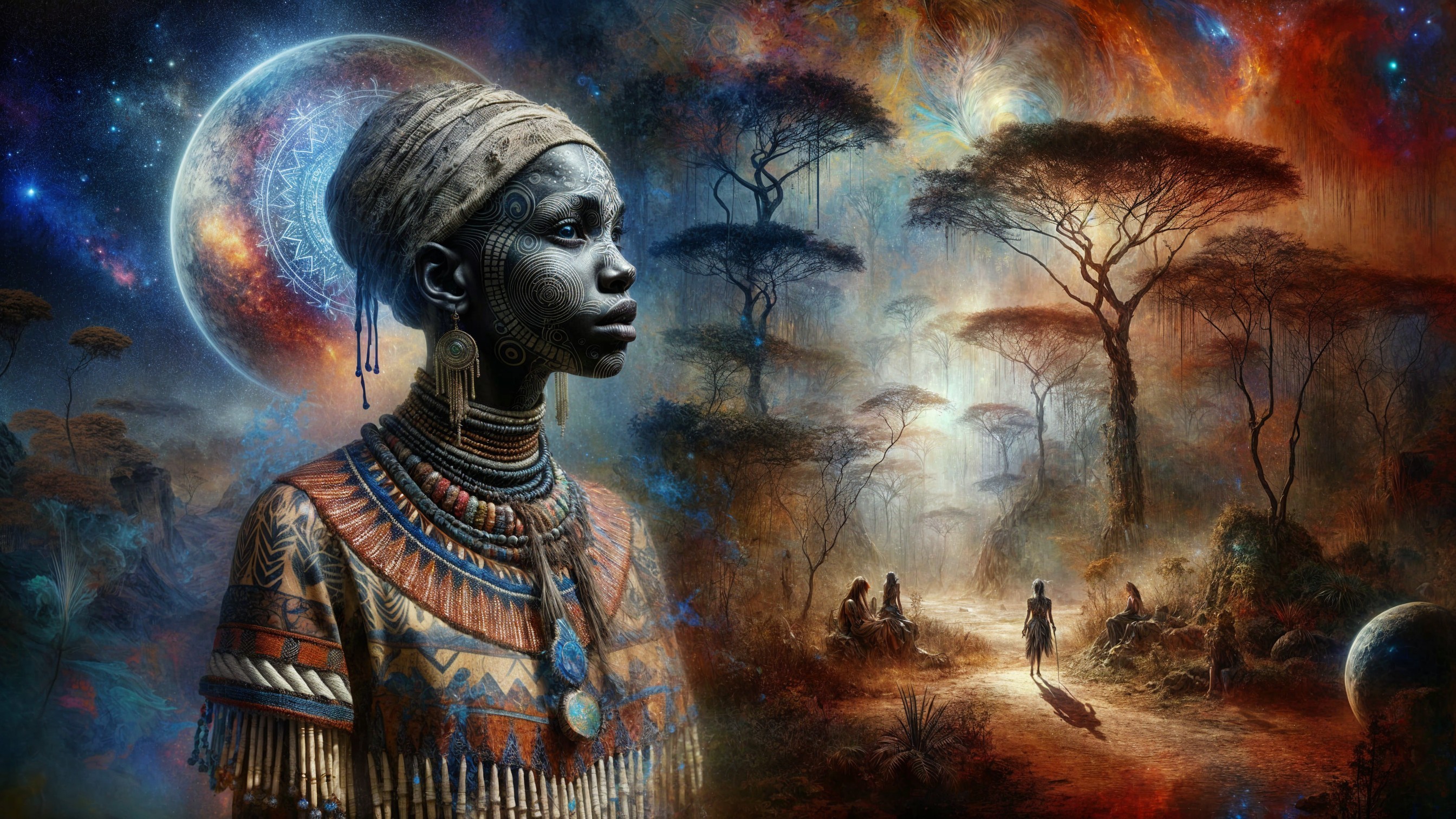 African Woman in Traditional Attire Against Cosmic Backdrop