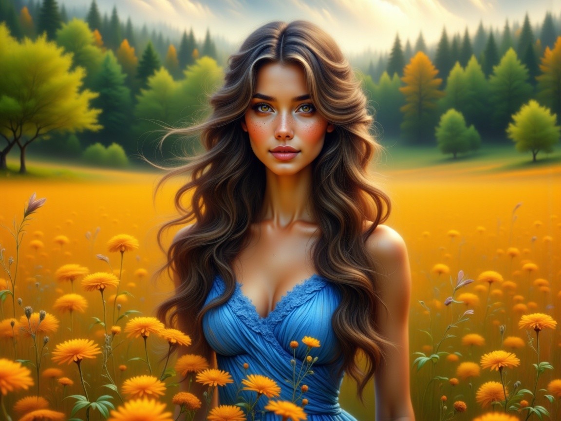 Serene Landscape with Woman in Blue Dress and Flowers