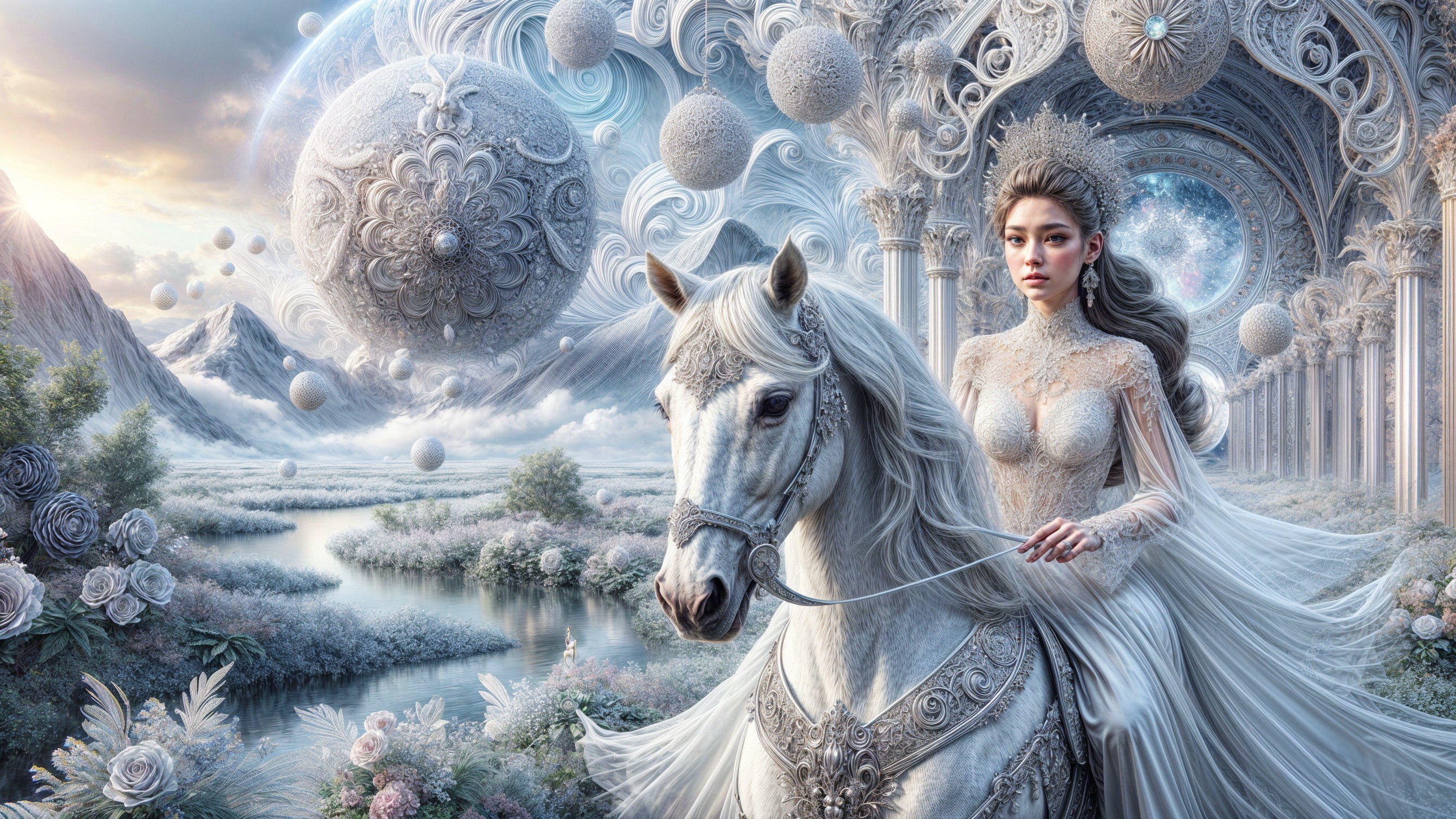 Majestic Woman on White Horse in Fantasy Landscape