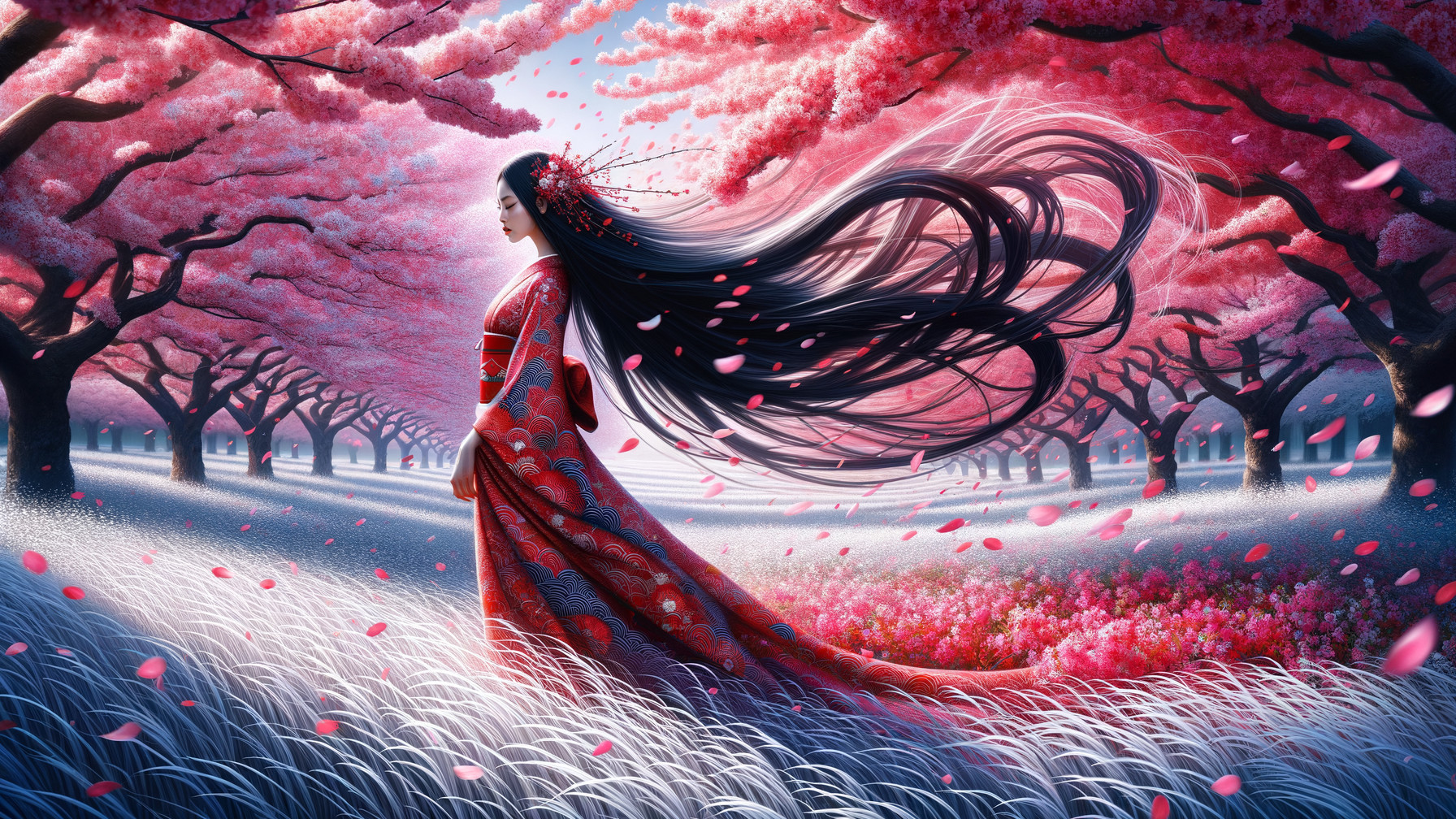 Woman in Red Kimono in Cherry Blossom Grove