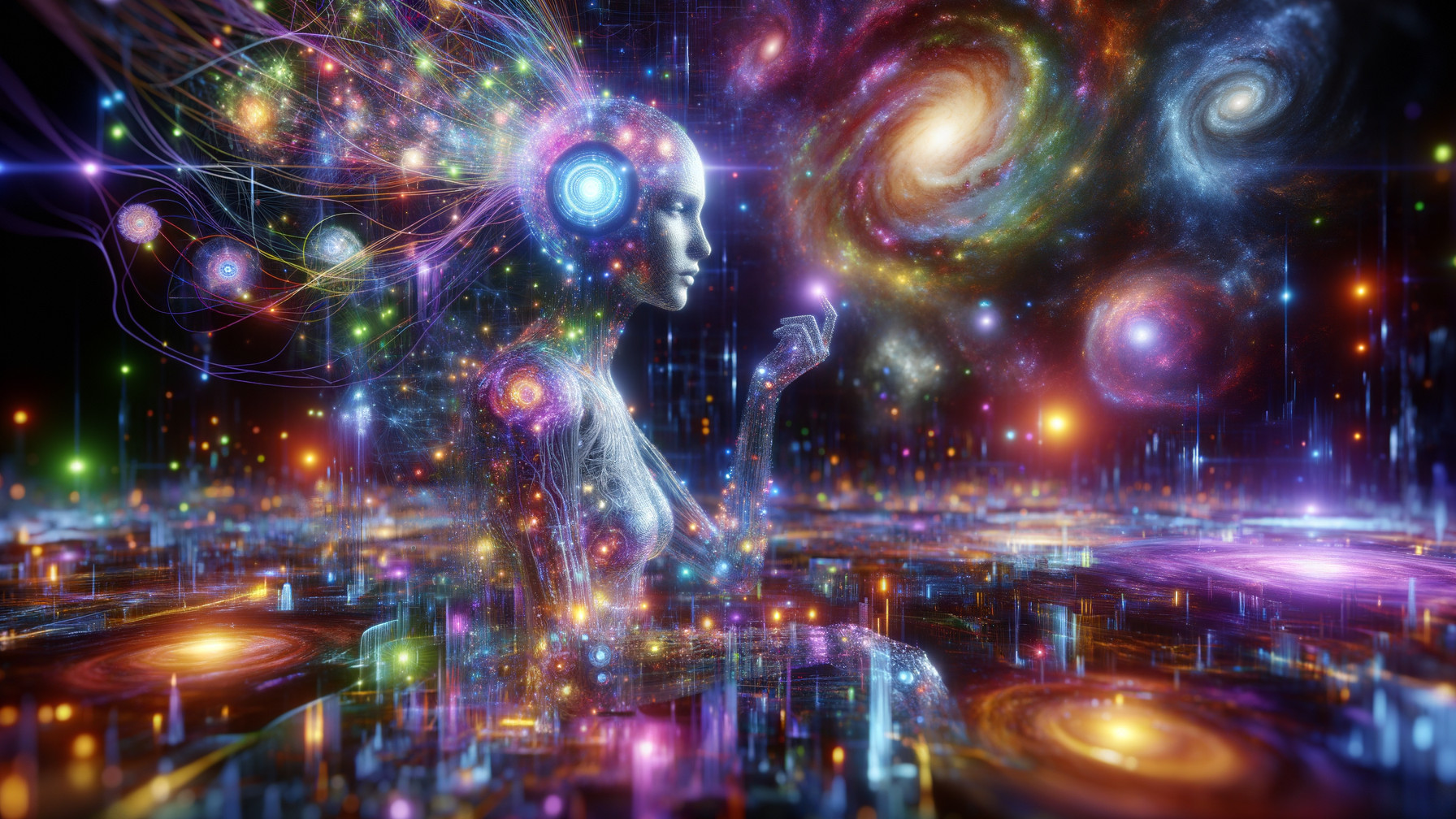 Ethereal Figure in Cosmic Landscape with Energy Streams
