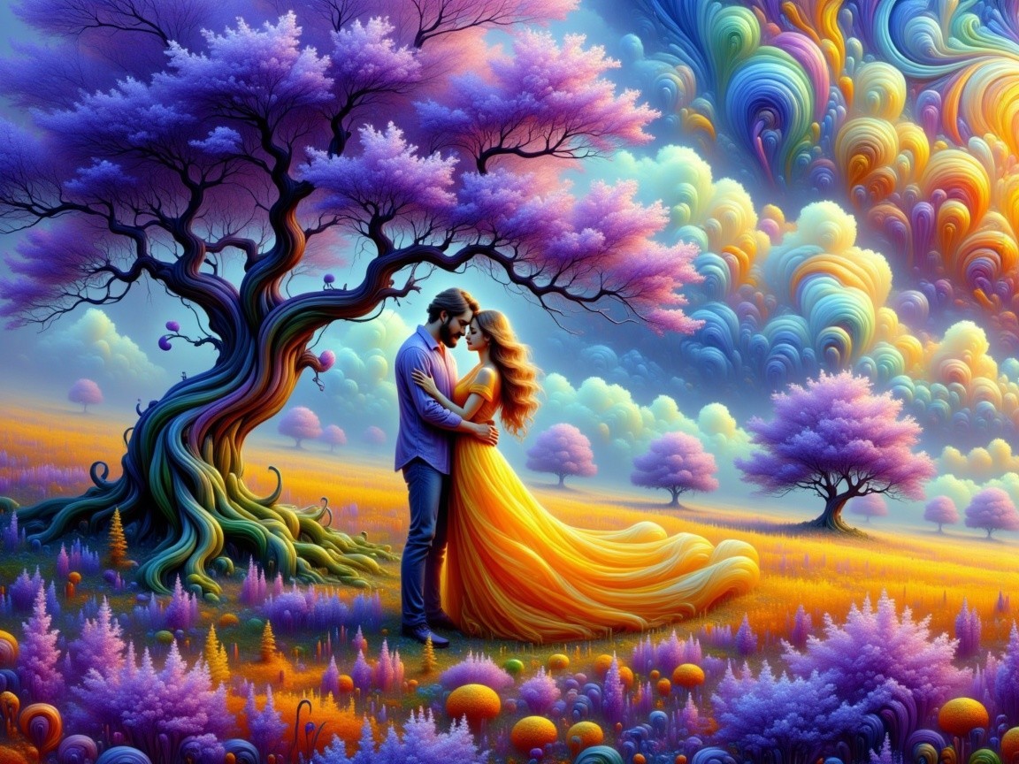 Couple Embracing in a Colorful Dreamscape Setting