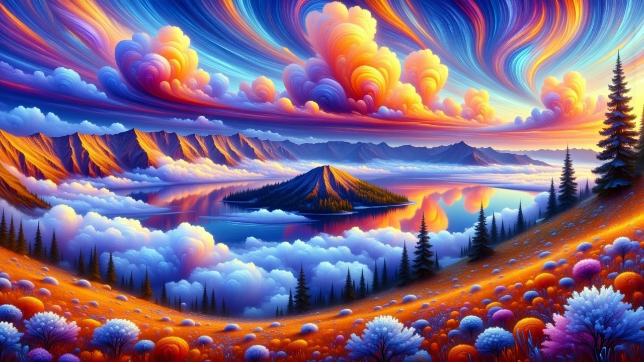 Vibrant Landscape with Lake and Majestic Mountains