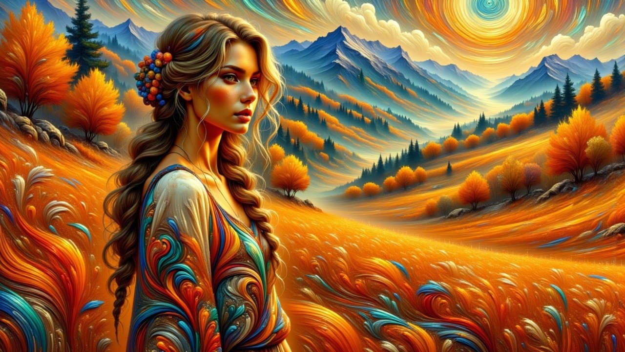 Young woman in vibrant landscape with orange foliage