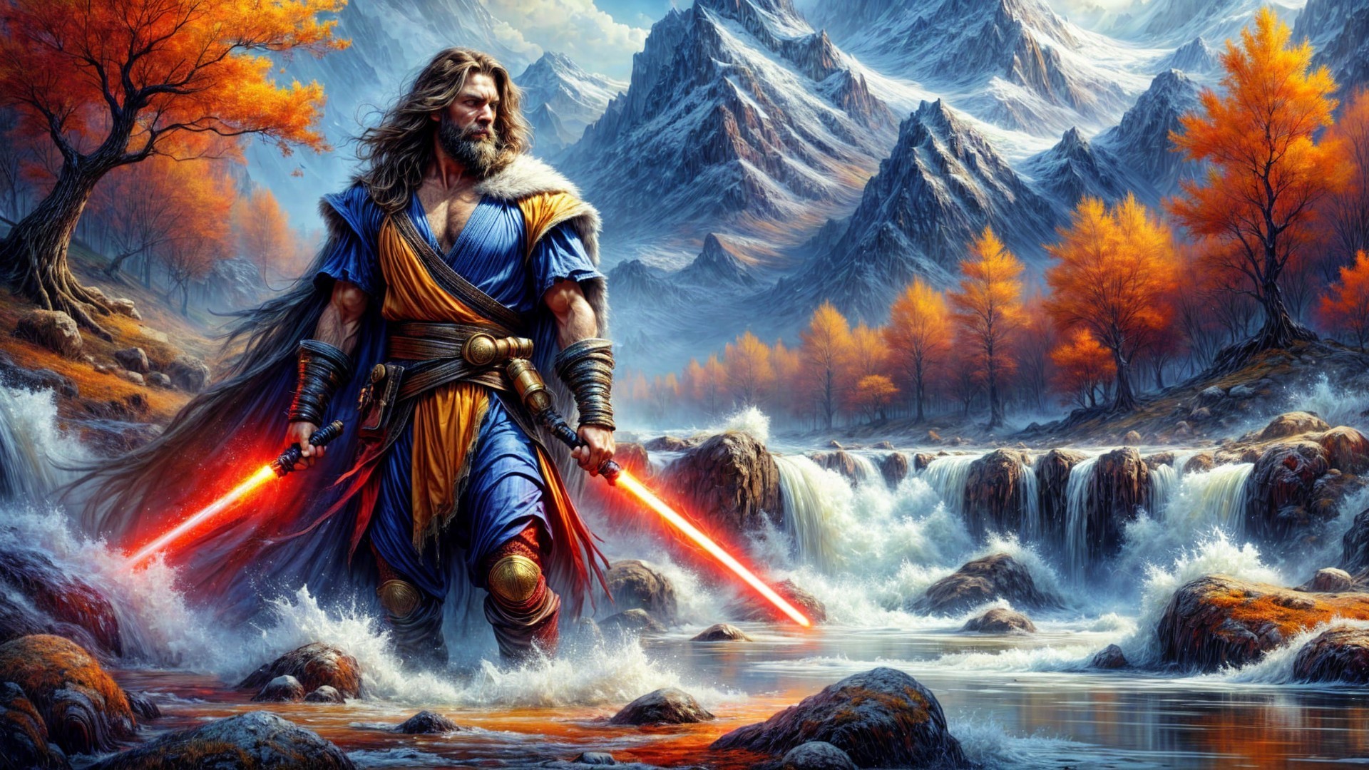 Heroic figure in vibrant armor by a swirling river