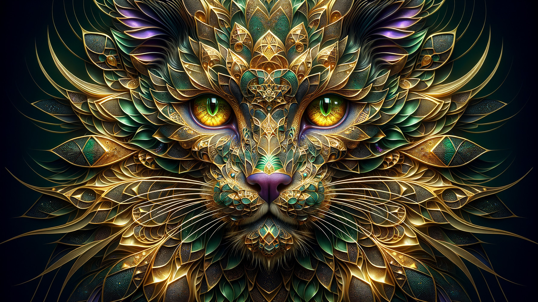 Intricate Cat Face Design in Gold, Green, and Purple