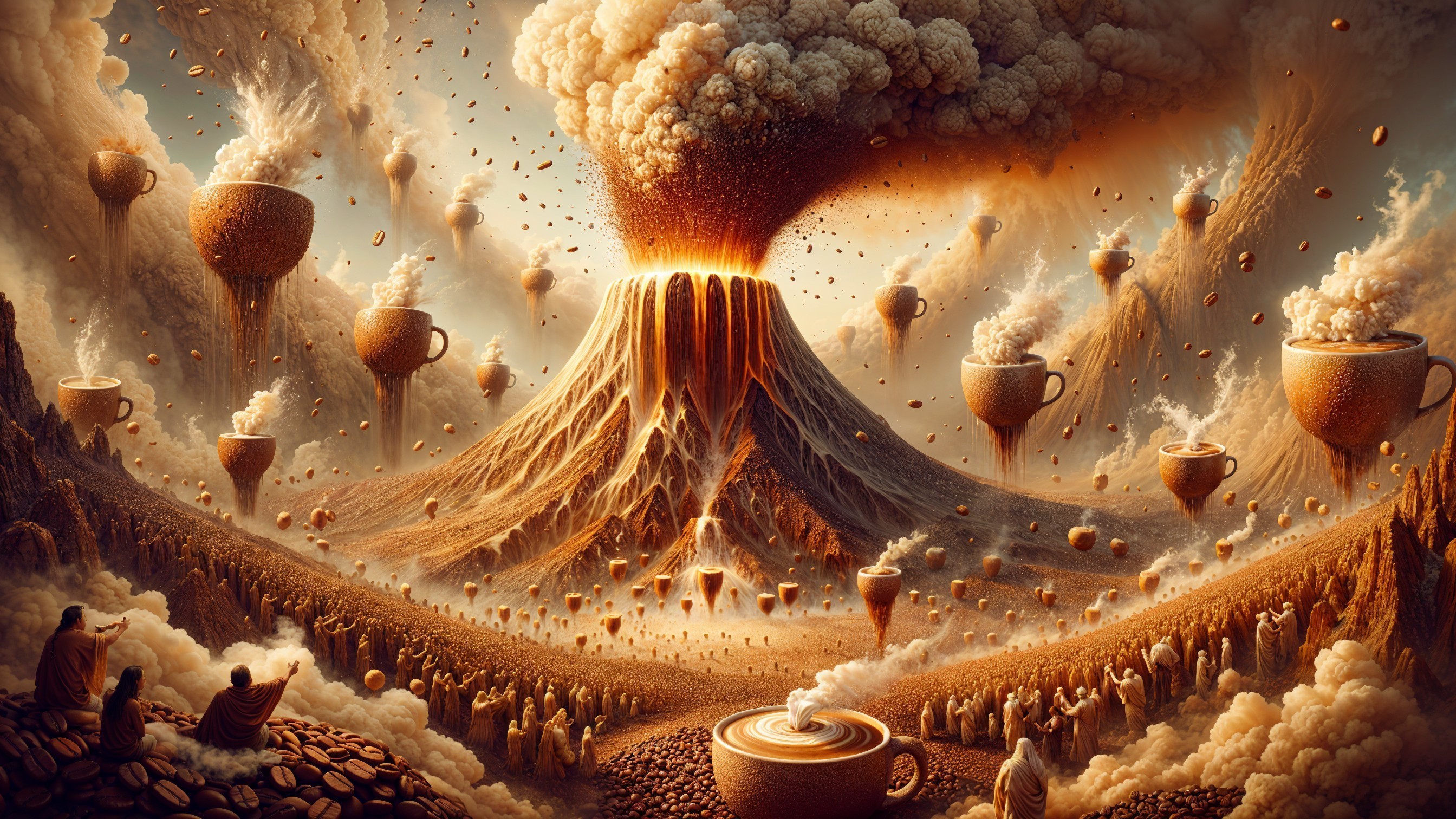 Surreal Landscape with Erupting Volcano and Coffee Elements