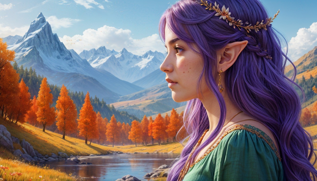 Serene Landscape with Fantasy Elf and Autumn Foliage