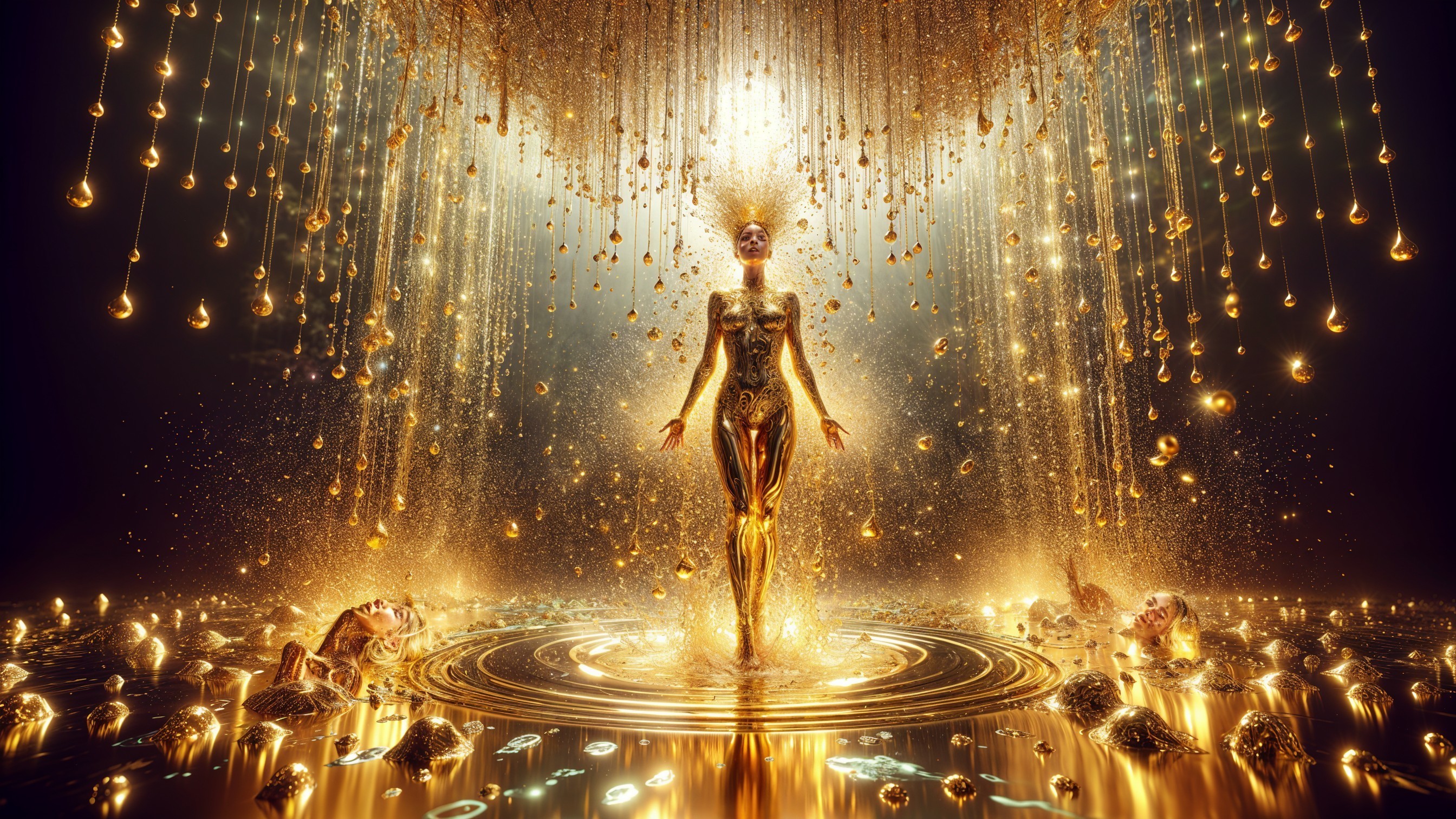 Golden Humanoid Figure in Ethereal Light and Orbs